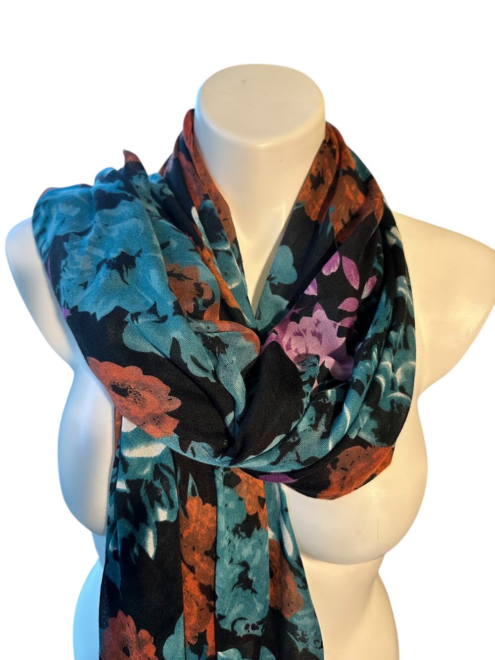 Teal & Orange Floral Lightweight Scarf Boho Romantic Wrap